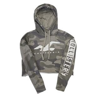Hollister Women's Camo Cropped Hoodie Size XS Juniors Military Green Raw Hem